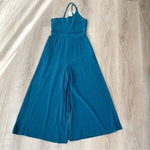 NWT- ANRABESS one shoulder wide leg linen blend jumpsuit in Lake (color)- Small
